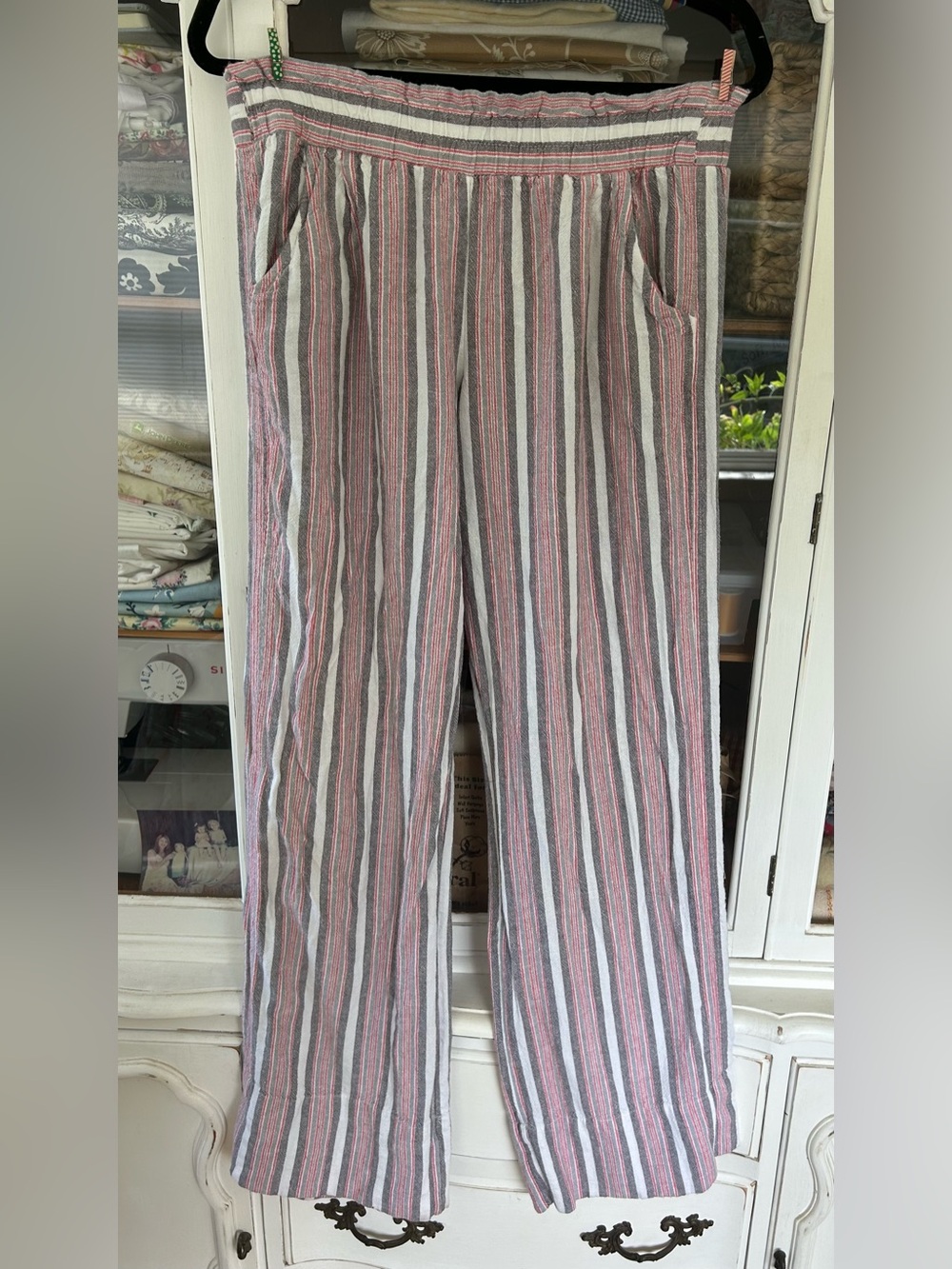 Red, Gray & White Striped Wide-Leg Linen/rayon Pants